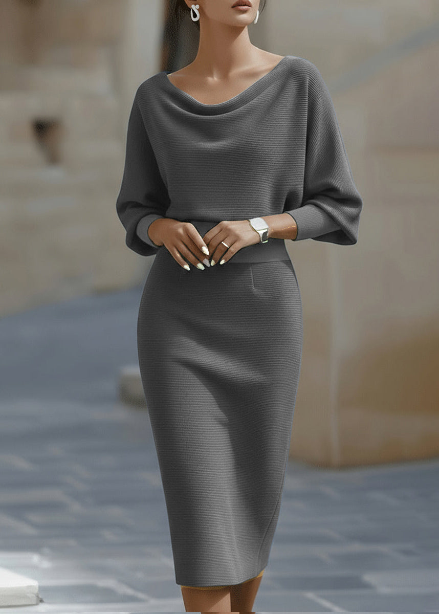Women's cocktail or work midi dress with elegant batwing sleeves and sophisticated cowl neck, draped fit.
