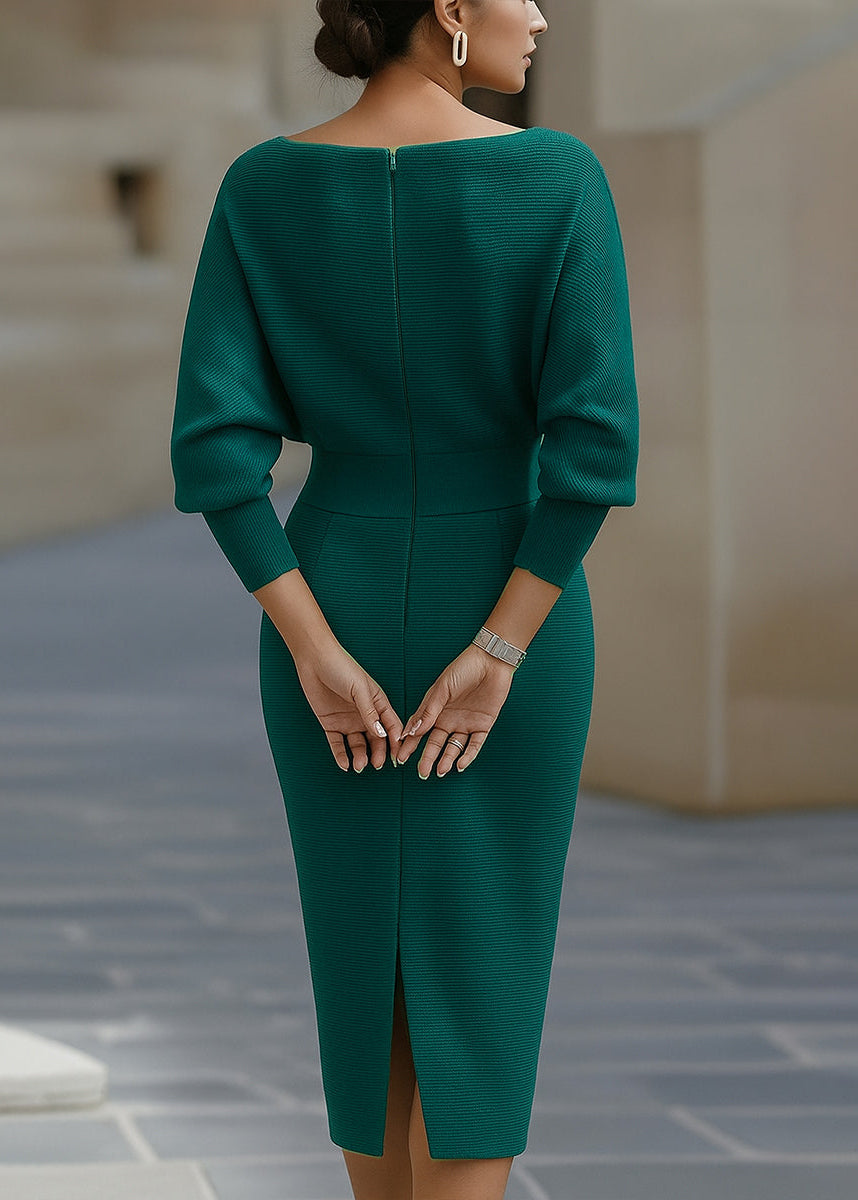 Stylish women's batwing midi dress, draped silhouette, long sleeves, and elegant cowl neckline for formal occasions.