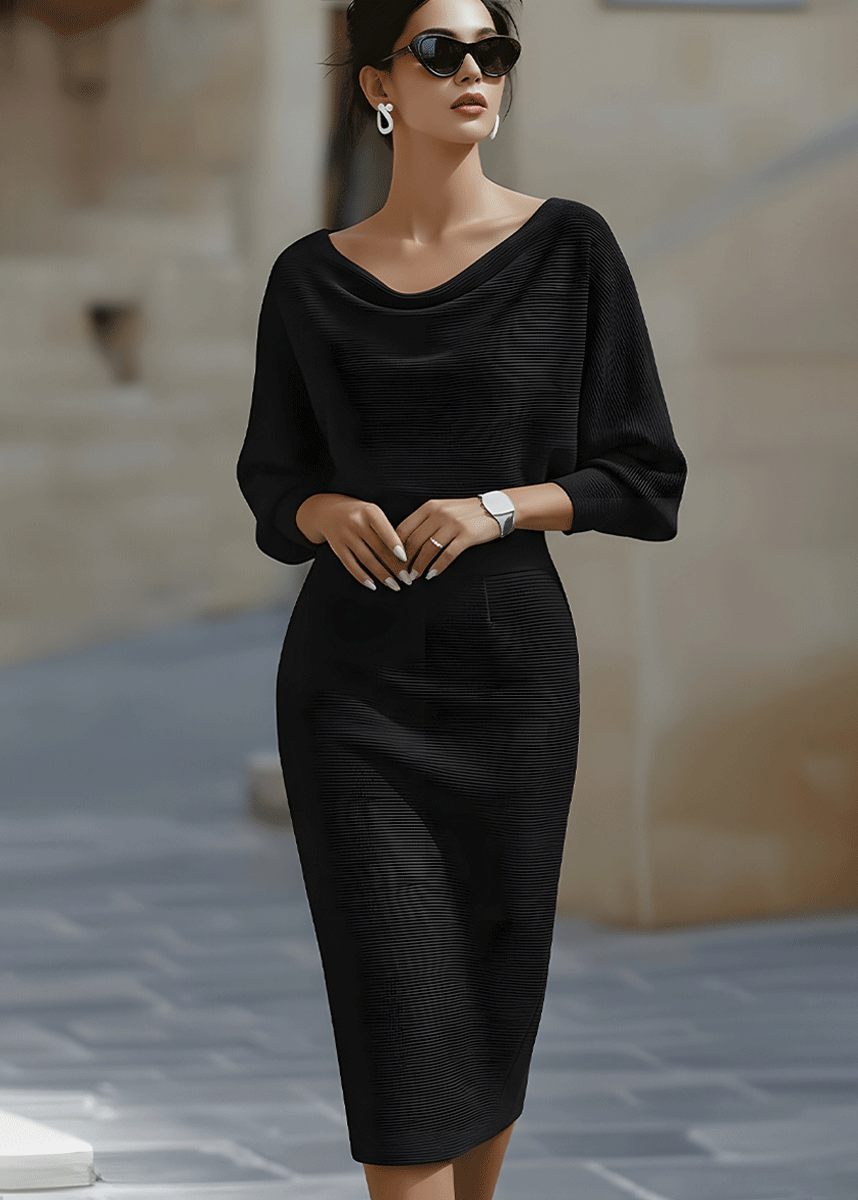 Sophisticated women's elegant midi dress featuring a draped batwing sleeve and classic cowl neck design.