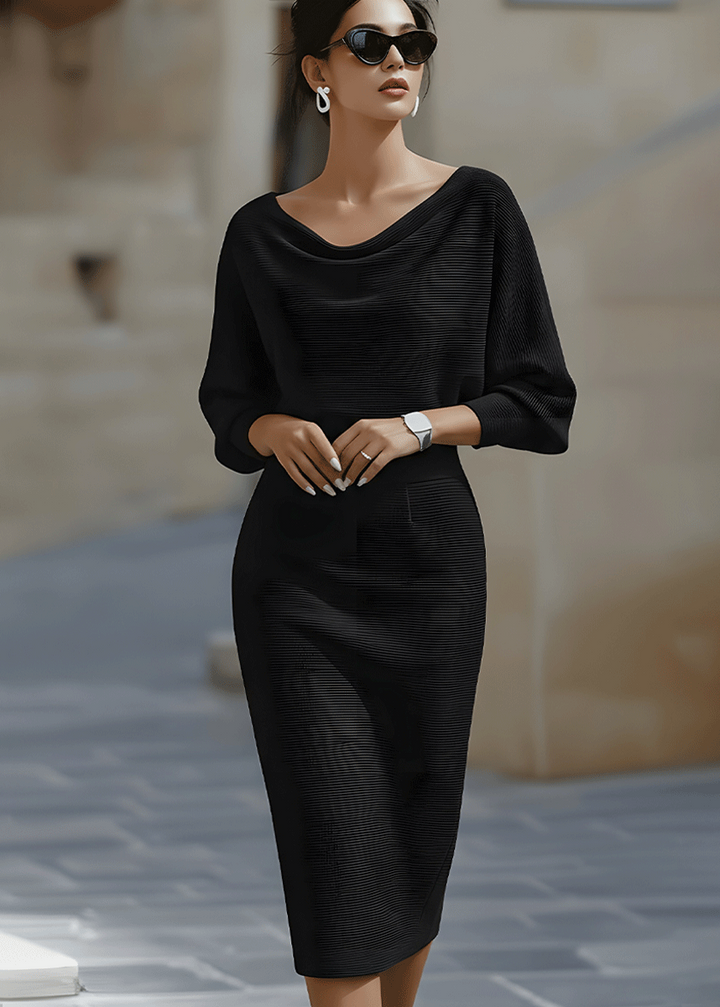 Sophisticated women's elegant midi dress featuring a draped batwing sleeve and classic cowl neck design.