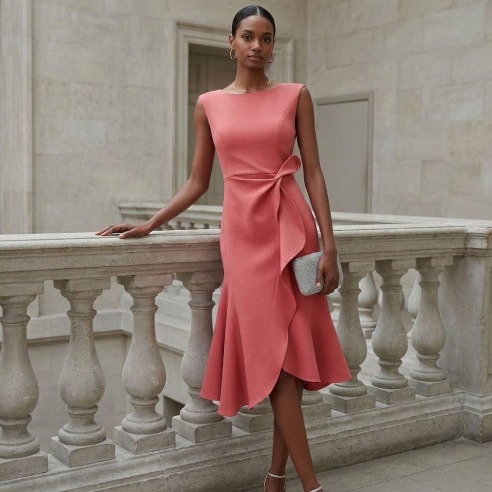 Women's elegant draped midi dress with asymmetric ruffle hem. Tailored fit for chic occasion wear.