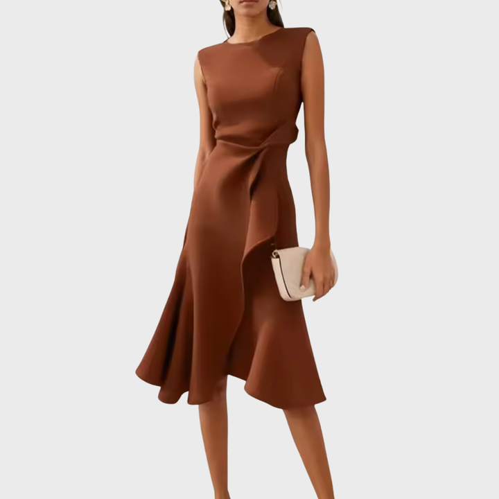 Designer-inspired women's draped midi dress, tailored with an asymmetric ruffle hem for a chic, elegant look.