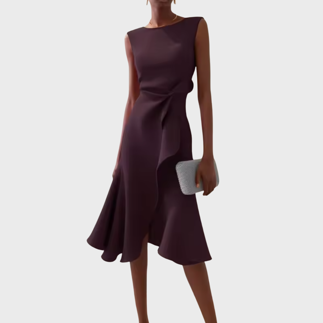 Women's occasion wear midi dress. Draped asymmetric ruffles, tailored fit, perfect for an elegant, chic style.