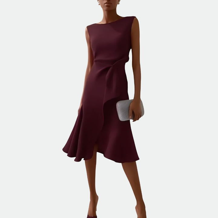 Versatile women's midi dress. Draped fabric, asymmetric ruffles, and tailored fit for elegant cocktail or formal events.