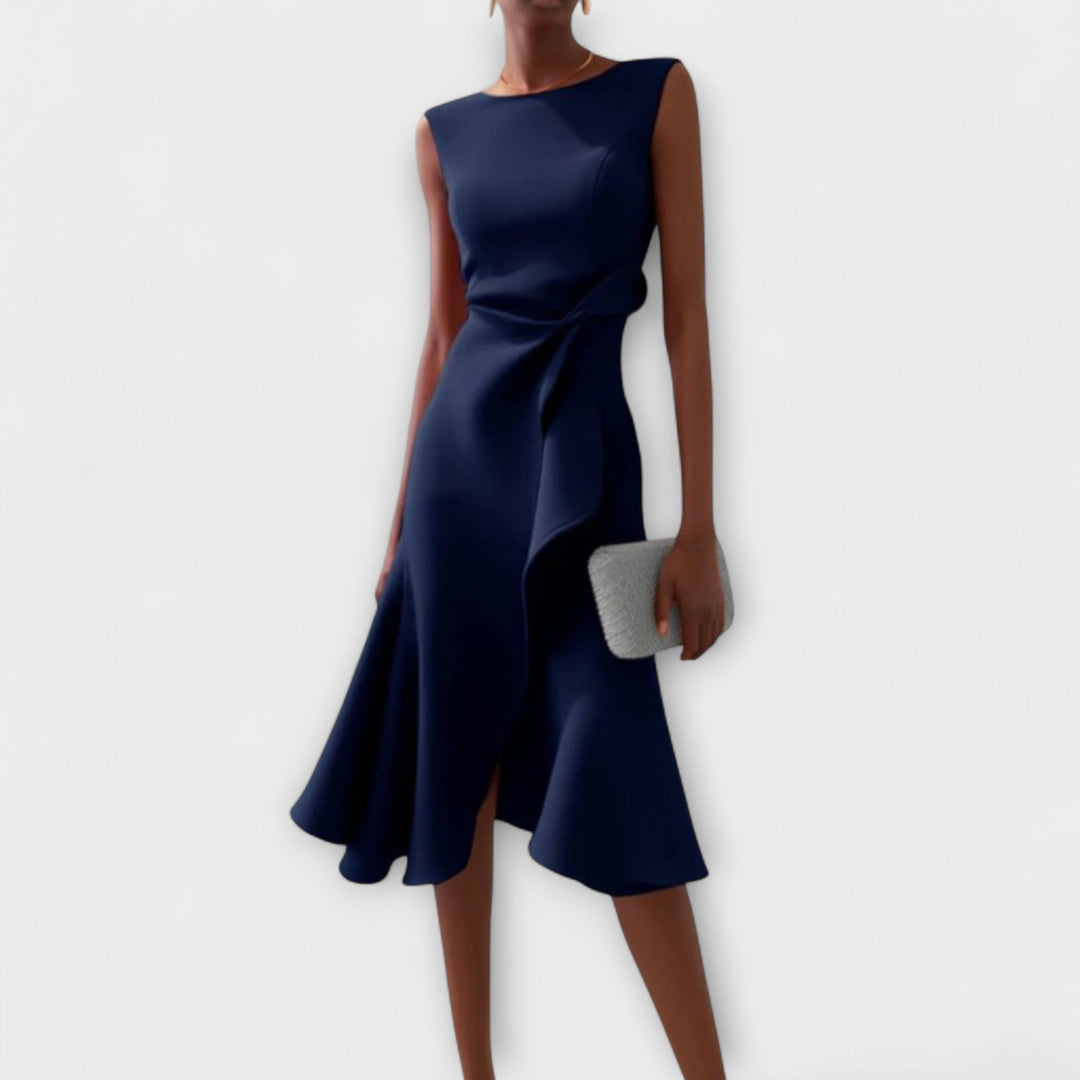 Chic sleeveless midi dress for women. Draped fabric with an asymmetric ruffle hem and tailored fit for cocktail parties.