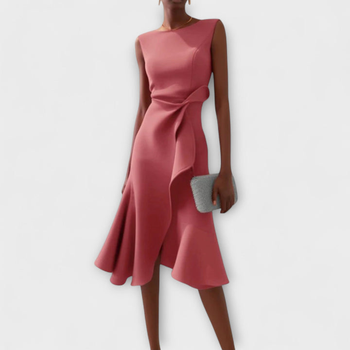 Elegant women's wedding guest dress. Draped asymmetric ruffle midi with a flattering tailored fit.
