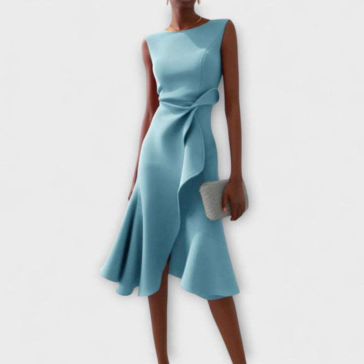 Formal women's draped midi dress with a chic asymmetric ruffle hem. Tailored fit for a sophisticated look.