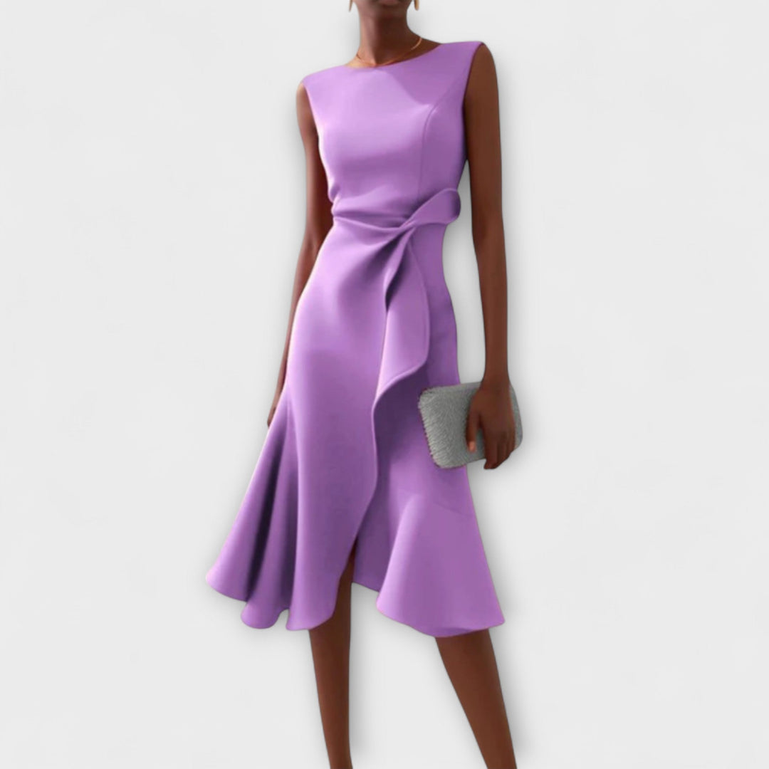 Stylish women's cocktail dress: draped midi with an asymmetric ruffle and tailored fit, perfect for special occasions.