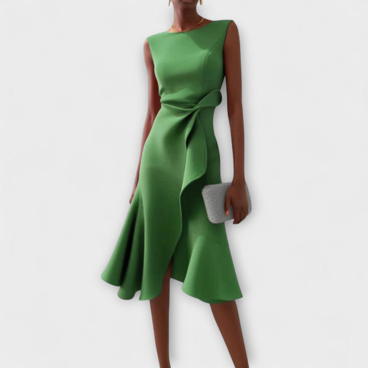 Sleeveless women's formal midi dress. Draped design, asymmetric ruffles, and tailored fit for an elegant silhouette.