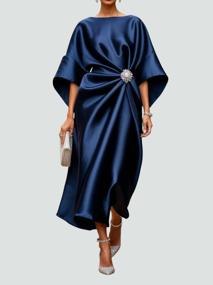 Women's elegant draped midi dress with batwing sleeves, perfect for evening events.