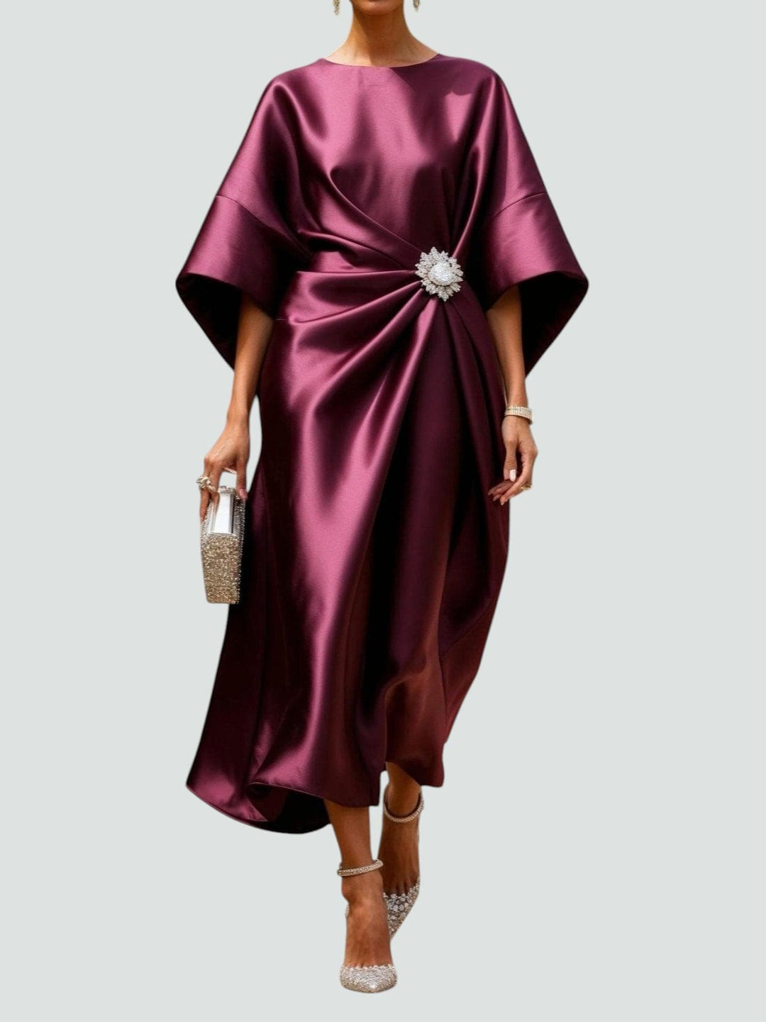 Chic women's draped midi dress, batwing sleeves & asymmetrical hem. Versatile for casual or party wear.