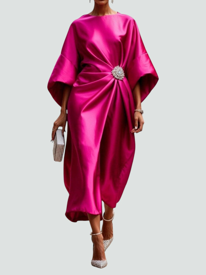 Spring/summer fashion: women's elegant draped midi dress with batwing sleeves & asymmetrical hem.