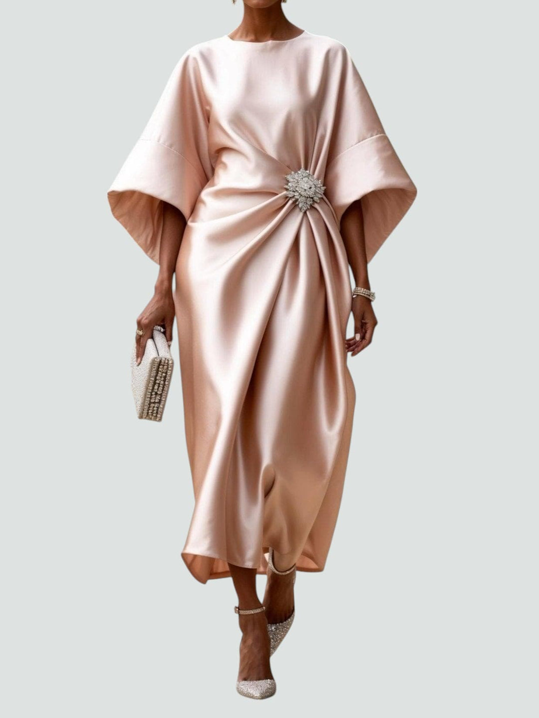 Party-ready women's midi dress, elegant drape, comfortable batwing sleeves, and chic design.