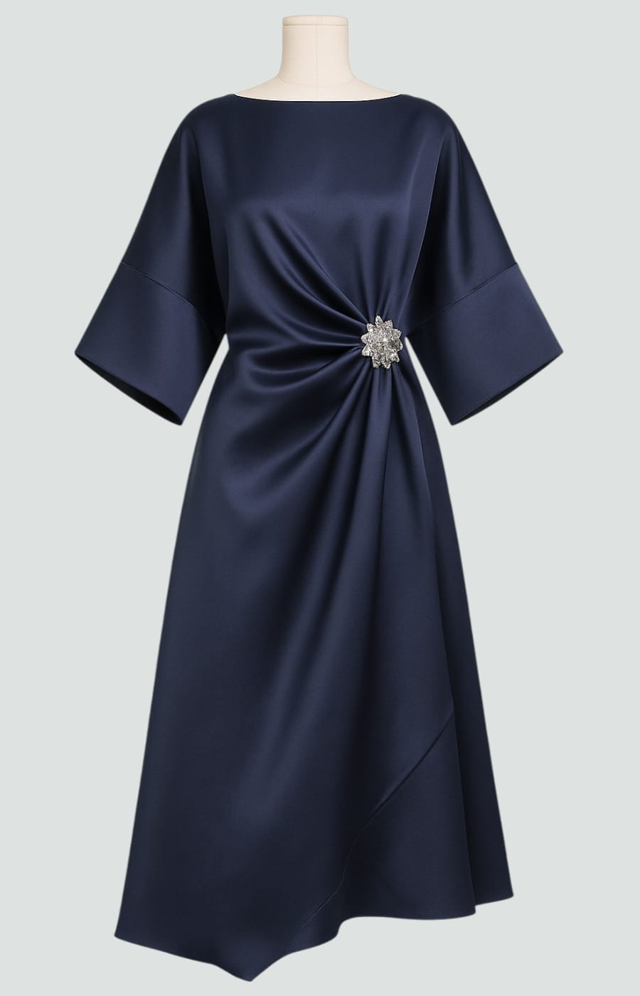 Flowy women's elegant midi dress, draped fabric, batwing sleeves, creating a chic silhouette.