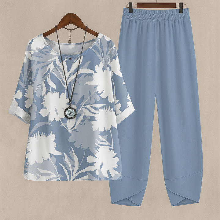 Ladies' summer floral print top and matching comfortable harem pants, a chic two-piece outfit.