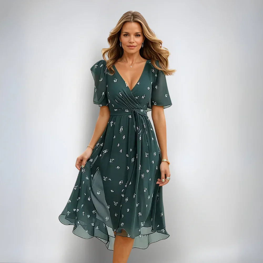 Women's elegant floral boho wrap midi dress with flowy A-line skirt and V-neck, perfect for summer parties.