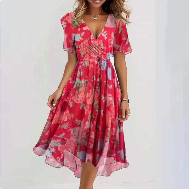 Boho style women's floral midi dress, A-line cut, V-neck wrap design, ideal elegant summer party or vacation wear.