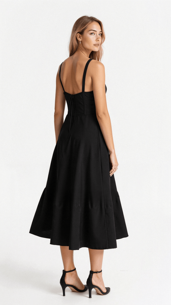 Formal women's floral midi dress with a structured corset and a graceful side slit.