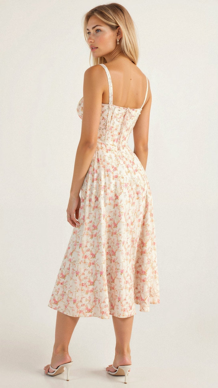 Women's evening floral dress, a midi style with a flattering corset top and alluring slit.