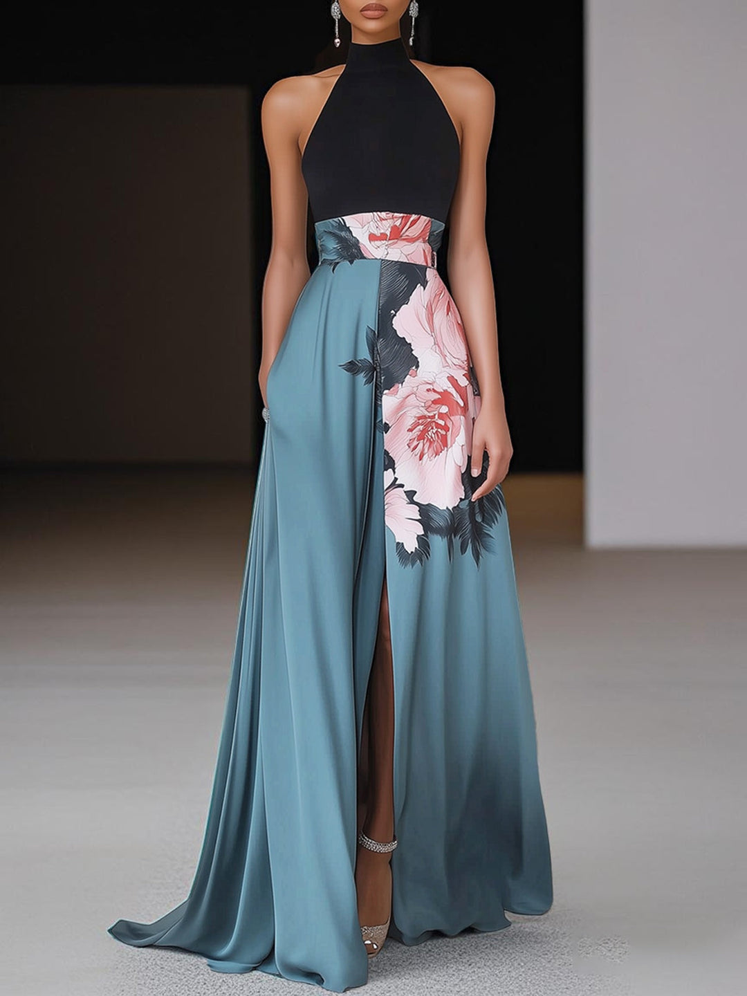 Stunning women's floral print halter neck long dress, ideal as a wedding guest outfit or formal evening gown.