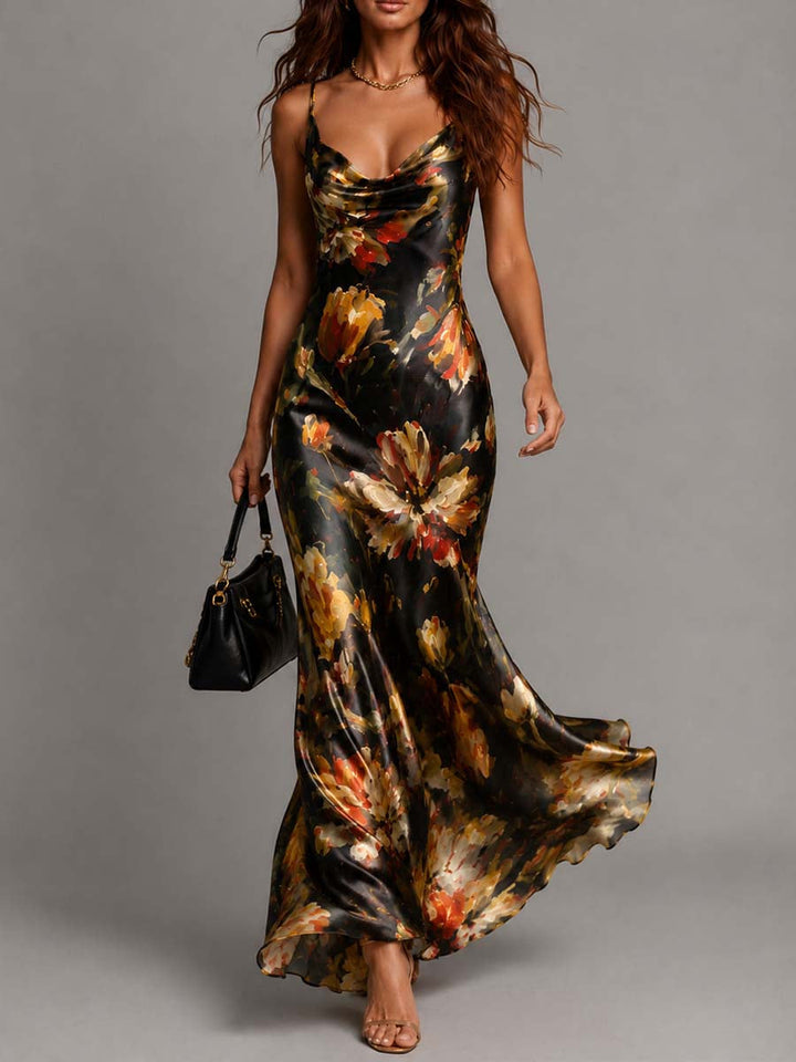 Women's elegant floral maxi dress with a chic cowl neck and delicate spaghetti straps for evening wear.
