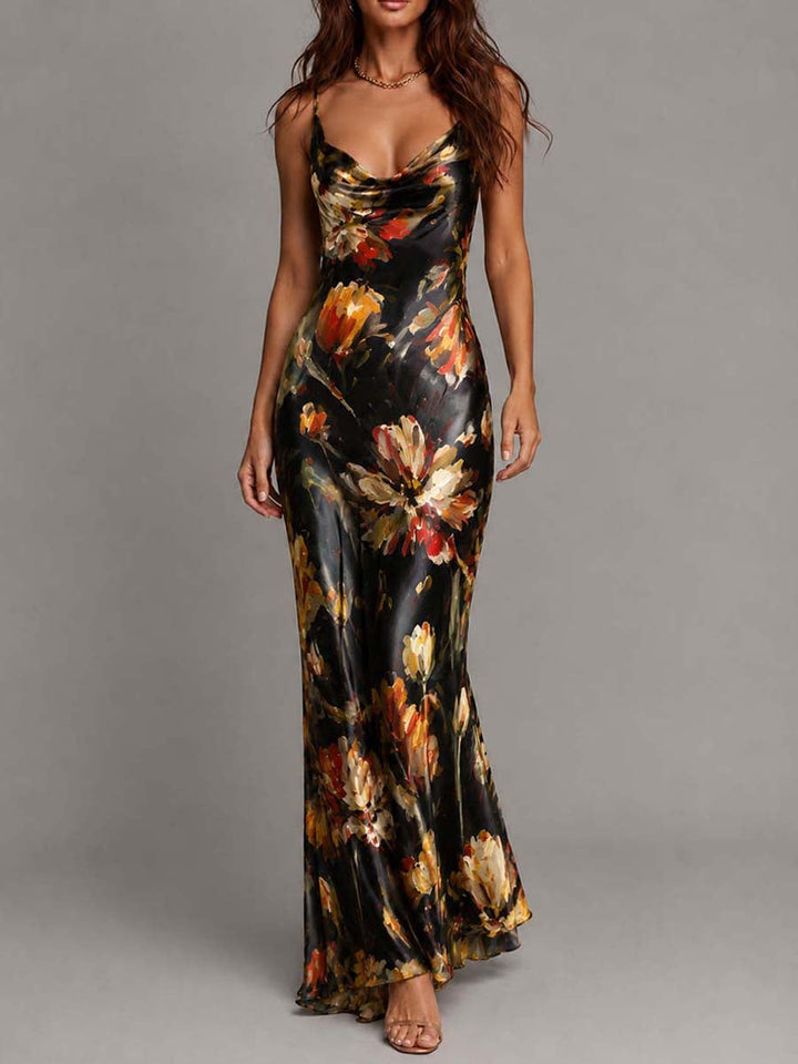 Floral cocktail maxi dress for women, designed with a graceful cowl neck and slender spaghetti straps.