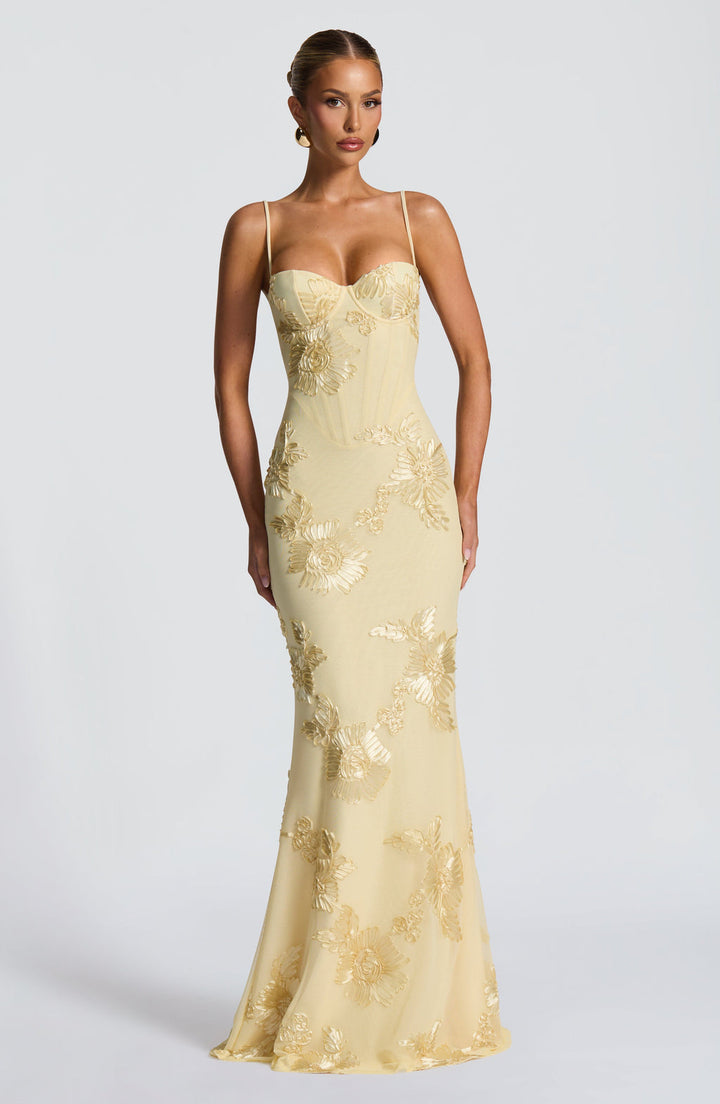 Women's elegant floral maxi dress with corset bodice, spaghetti straps, and a-line skirt, perfect for wedding guests.