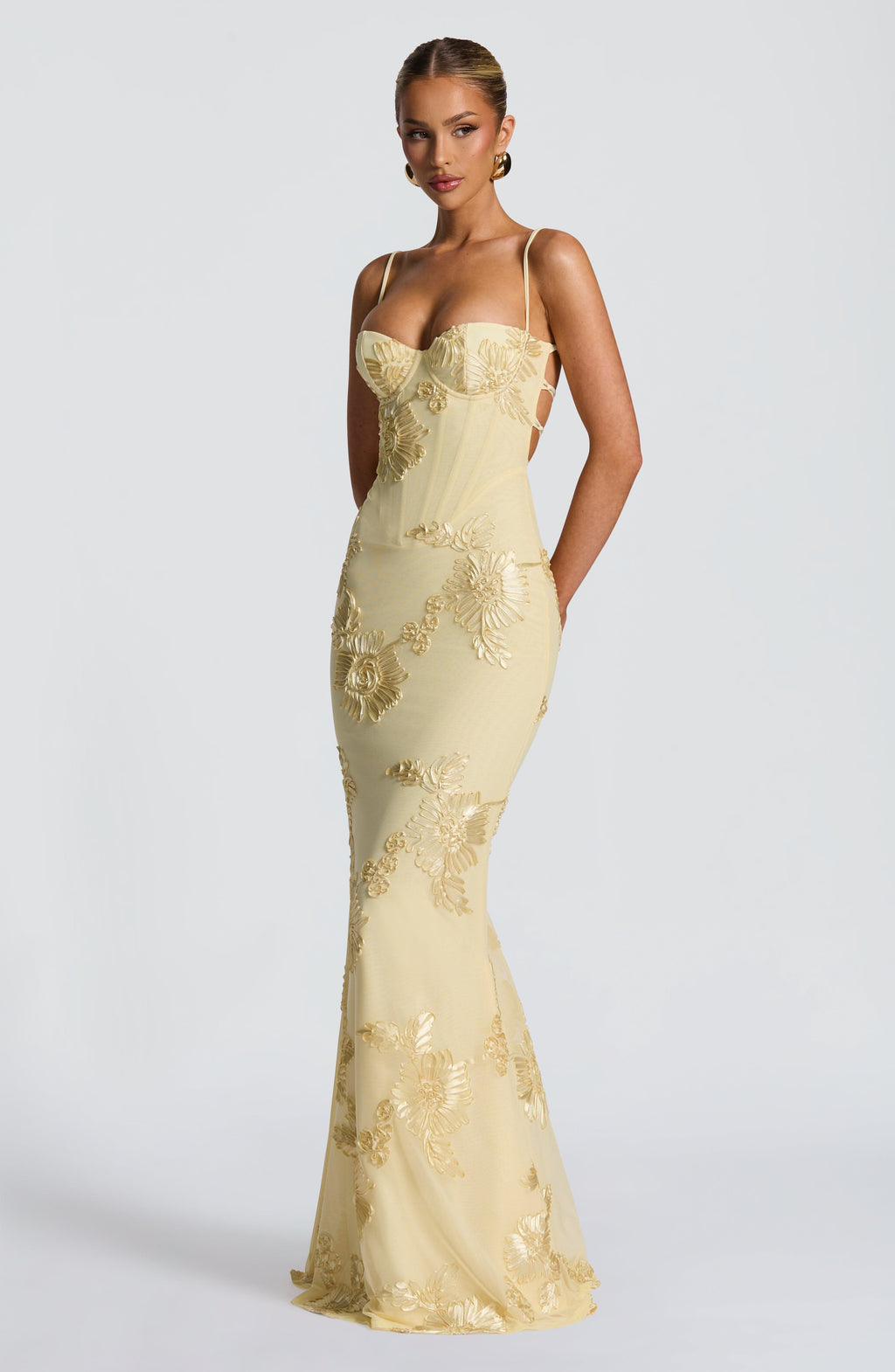 Beautiful summer floral maxi dress, a perfect evening gown for women, featuring a corset bodice & delicate spaghetti straps.