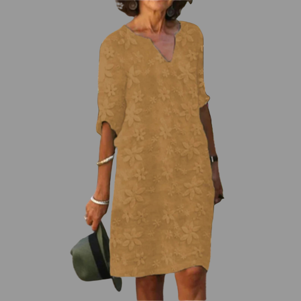 Elegant women's floral midi dress, V-neck, half sleeves. A stylish choice for summer events & various occasions.