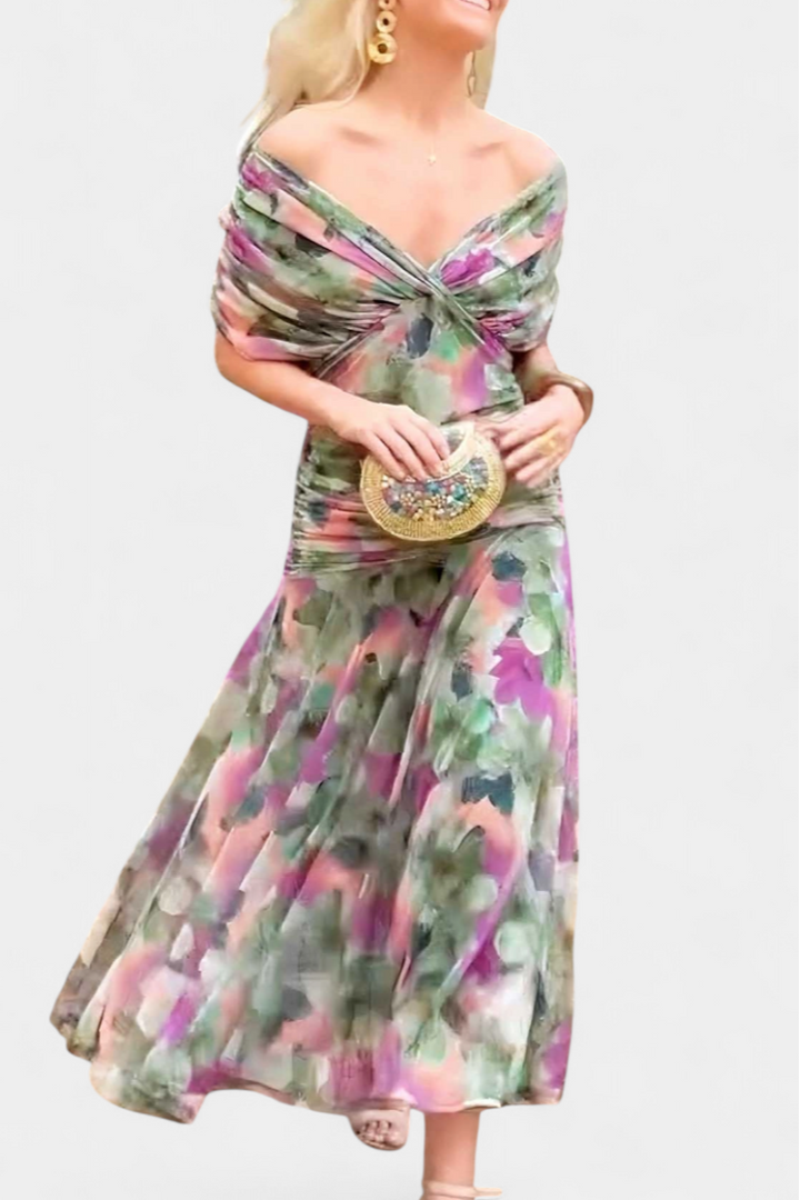 Fashionable women's floral off-shoulder maxi dress, long sleeves, ideal for formal parties.