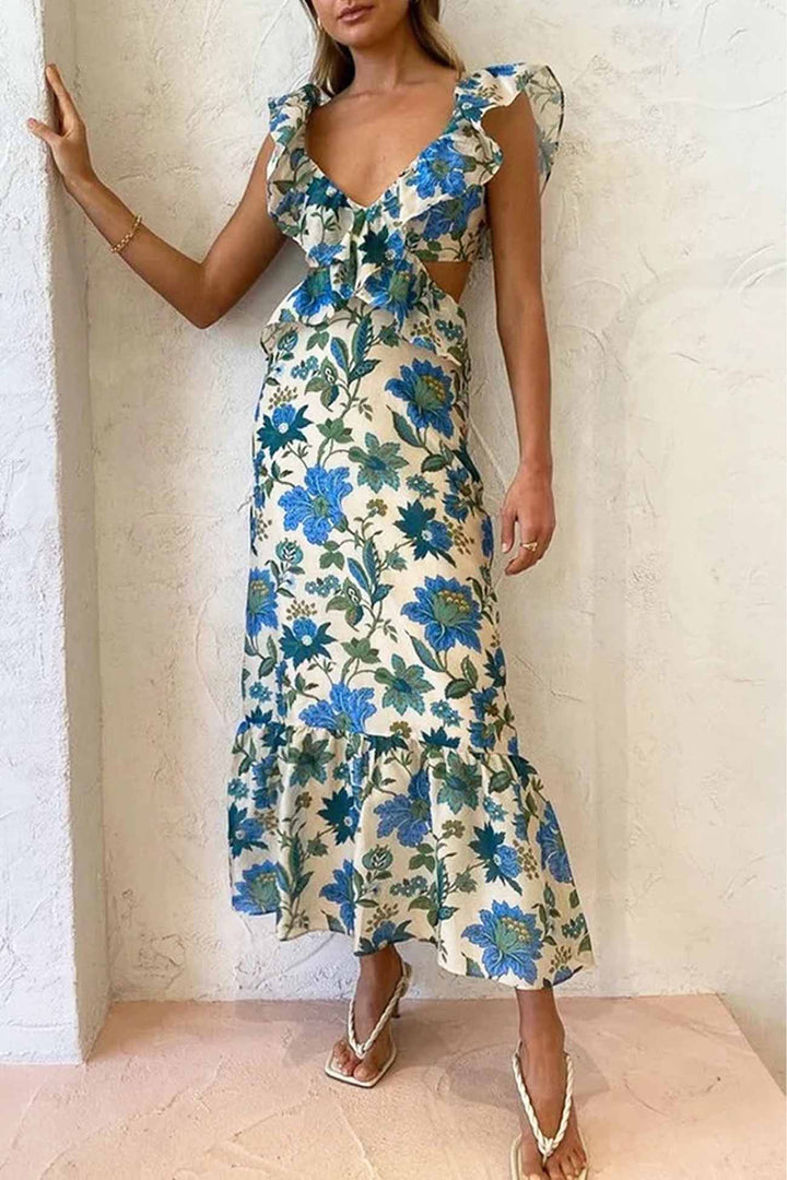 Back view of the elegant women's floral maxi dress with subtle ruffle detailing, great for occasions.