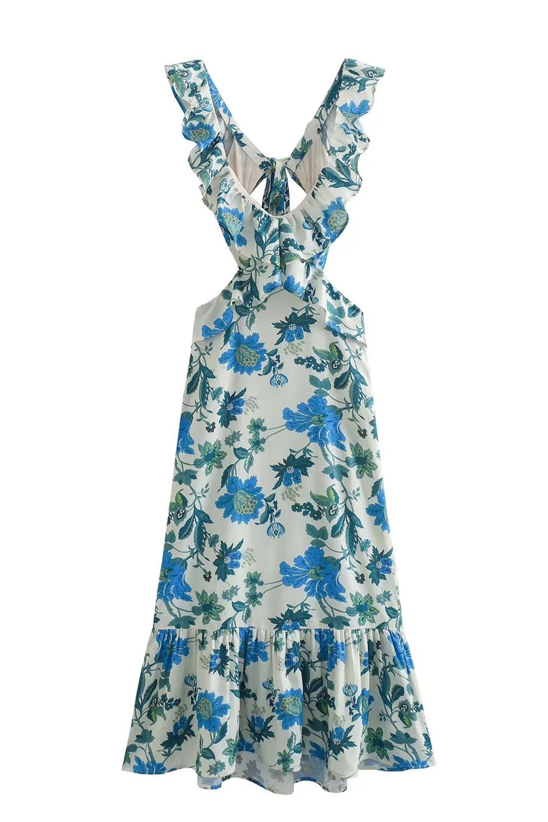 Side profile of the flowy floral ruffle maxi dress for women, highlighting its graceful drape.