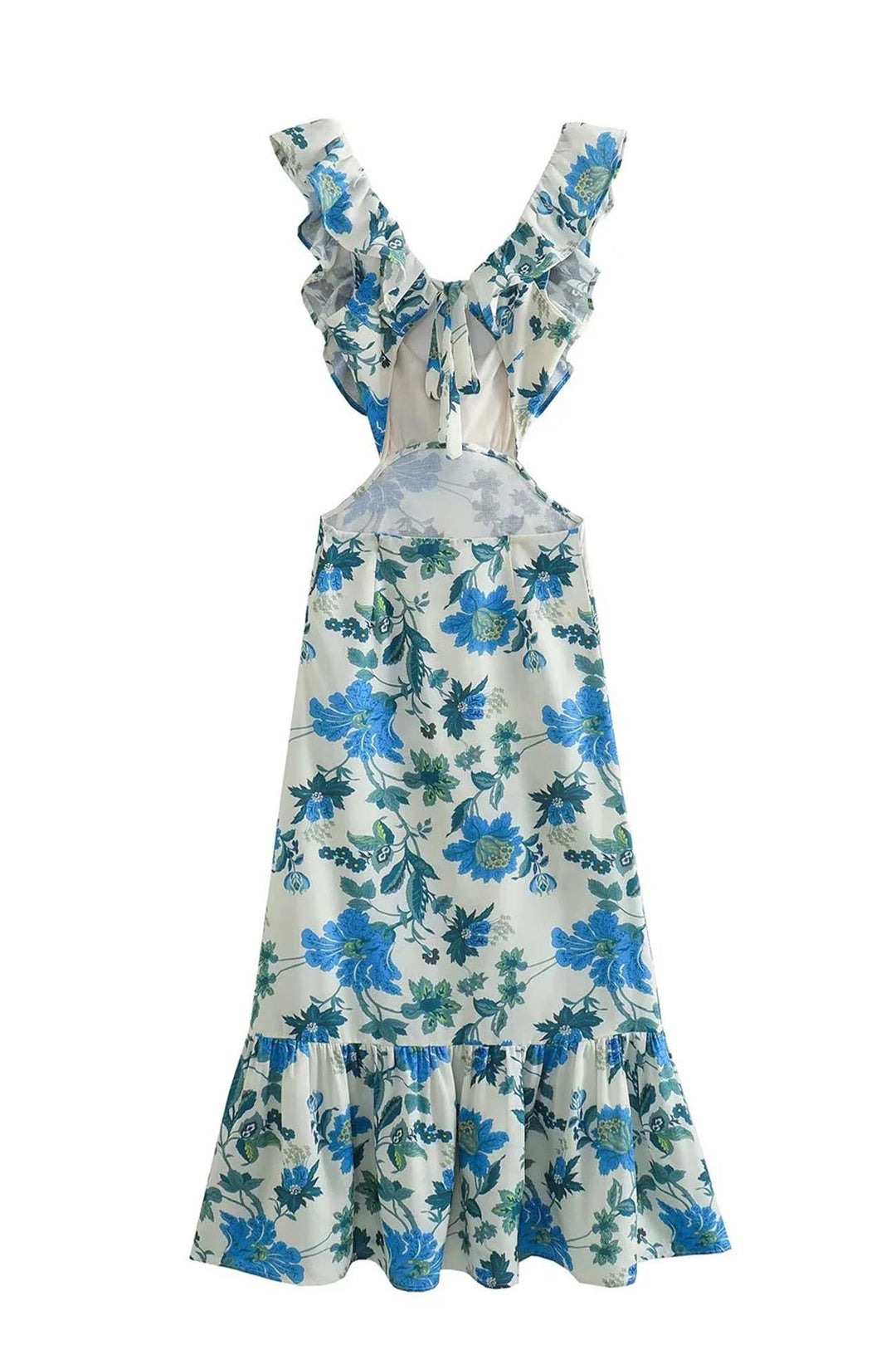 Detail of the ruffle neckline on the women's elegant floral maxi dress, suitable for summer.
