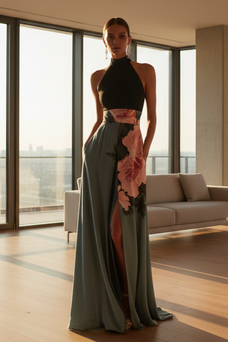 Flowy women's summer floral maxi dress with crew neck, sleeveless design, ideal for an elegant look.