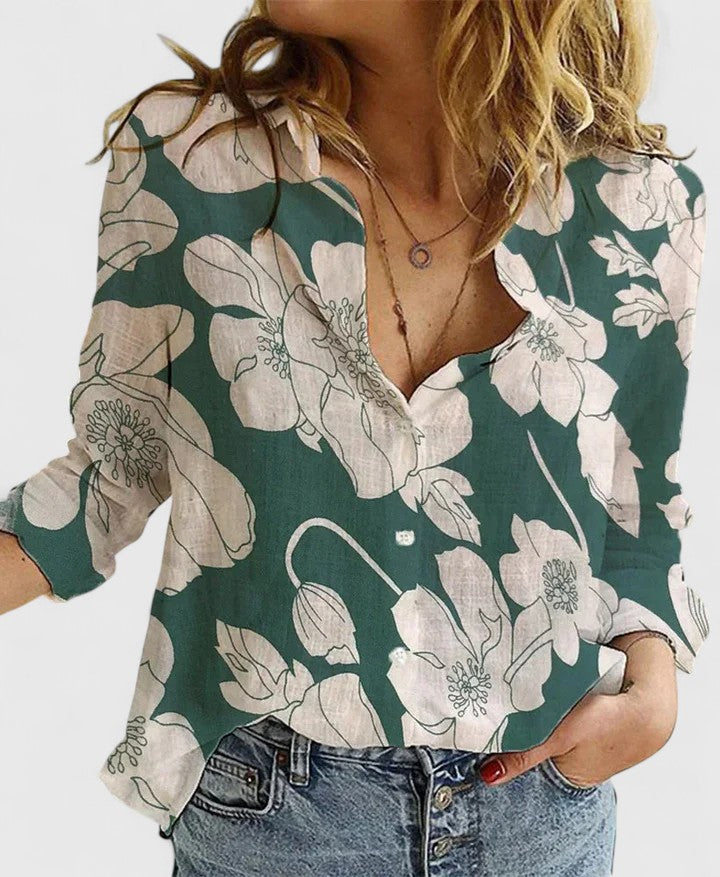 Versatile women's floral print V-neck long sleeve blouse, ideal for spring, summer, office & casual outfits.