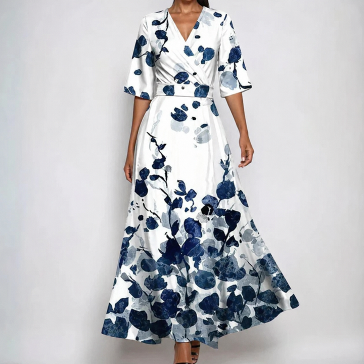 Stylish women's floral V-neck wrap maxi dress with half sleeves & belt, ideal for cocktail & evening events.