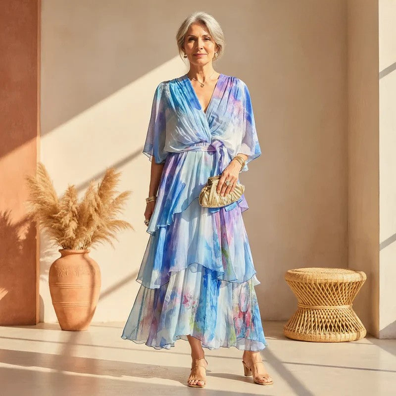 Women's elegant flowy watercolor maxi dress, perfect for evening parties & formal occasions. Long & stylish.