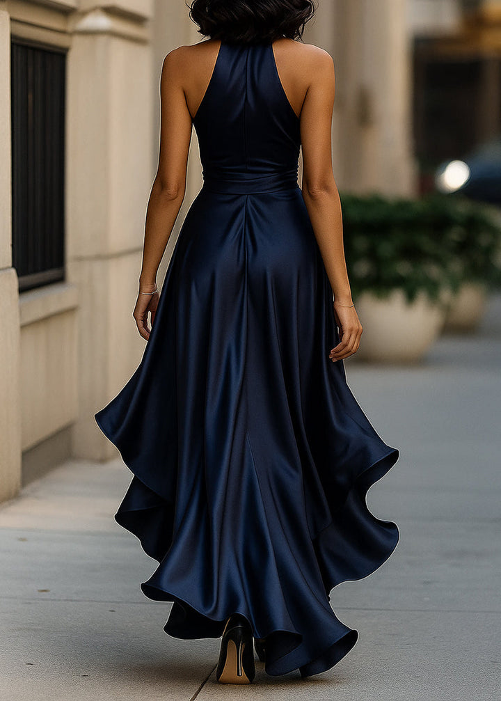 Formal women's gown, featuring a stylish halter neckline and a striking asymmetric ruffle.