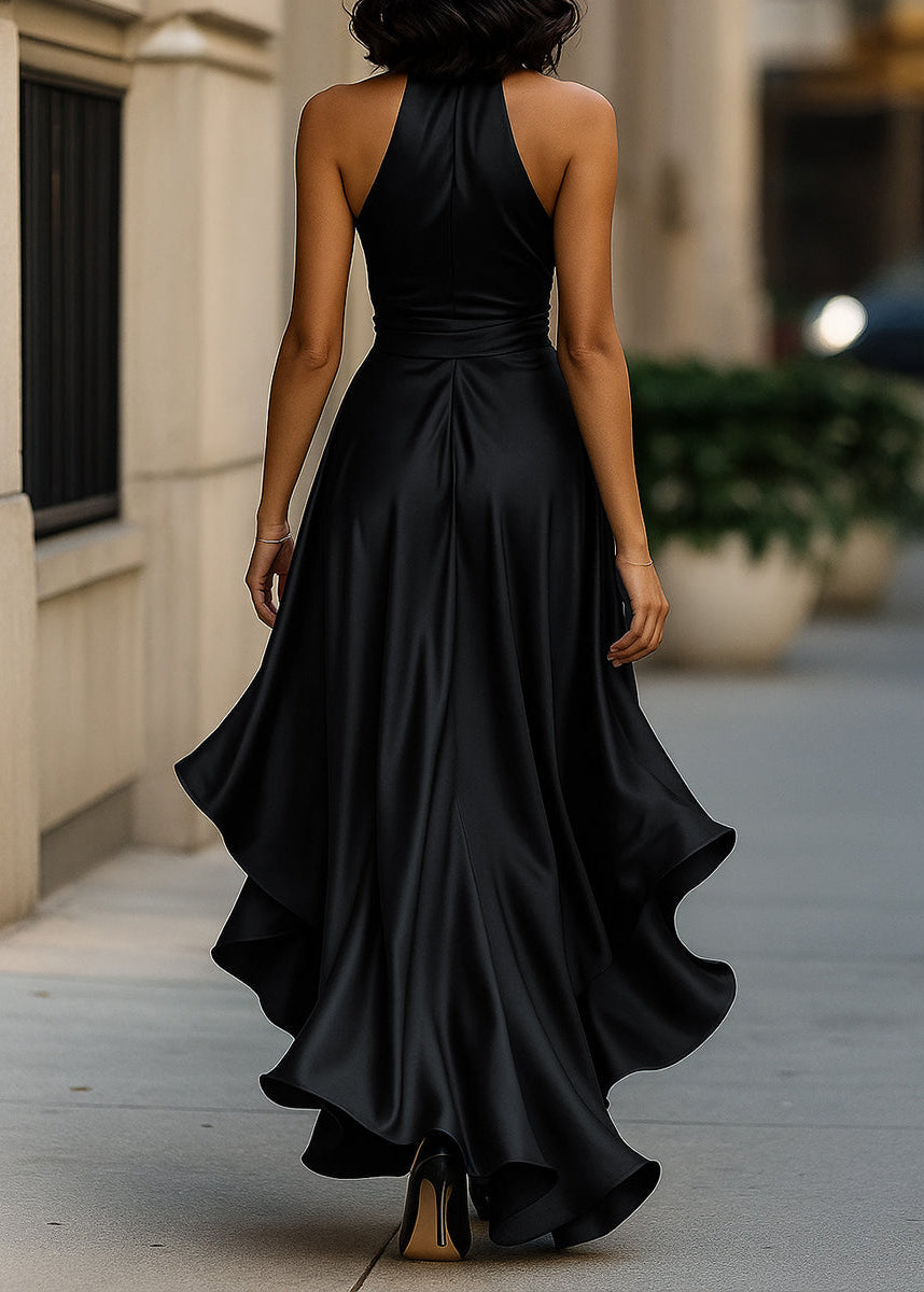 Women's formal evening wear: a gorgeous halter neck gown with a dramatic asymmetric ruffle detail.