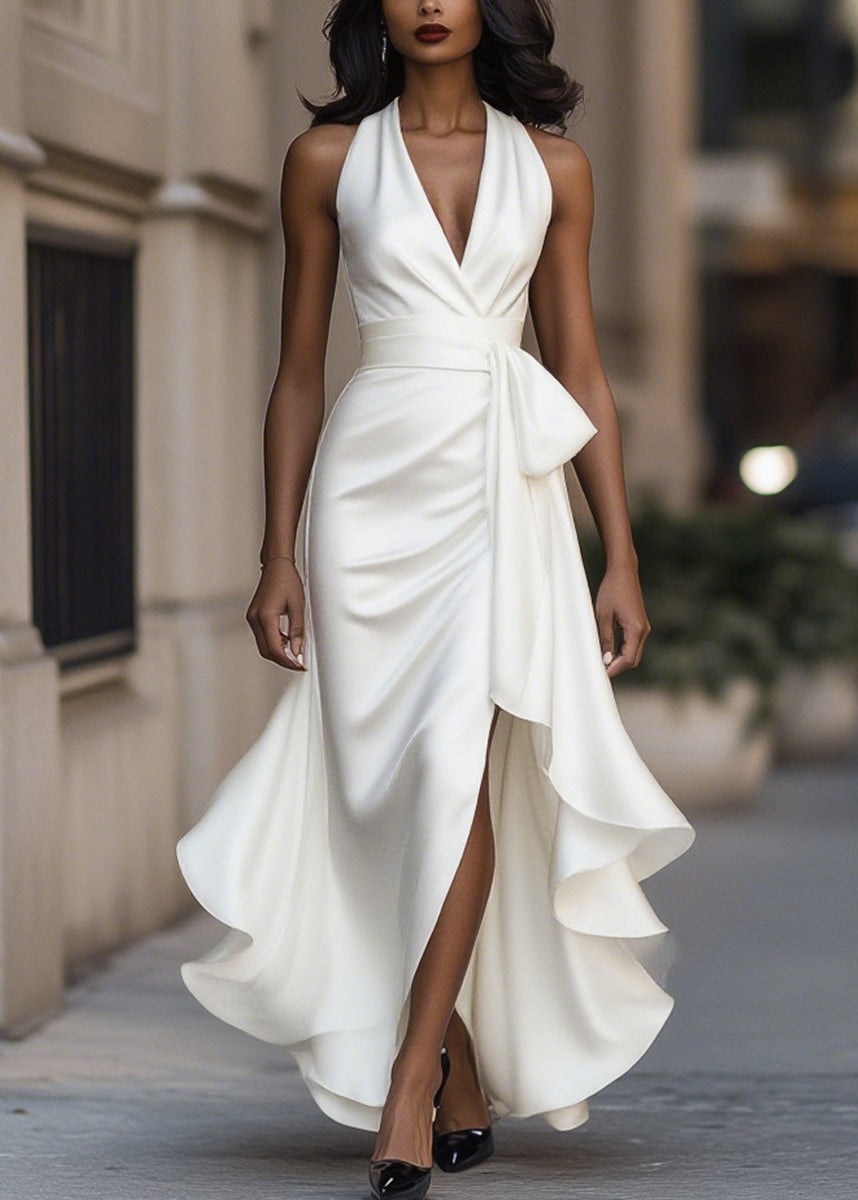 Elegant women's wedding guest gown: halter neck, asymmetric ruffles, perfect for special occasions.