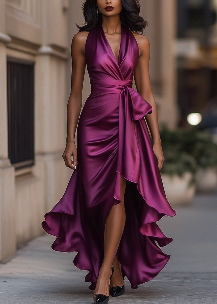Women's formal evening dress: stylish halter neck, eye-catching asymmetric ruffle & flowing silhouette.