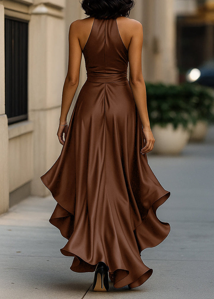 Sophisticated women's occasion gown, designed with a flattering halter neck and asymmetric ruffle.
