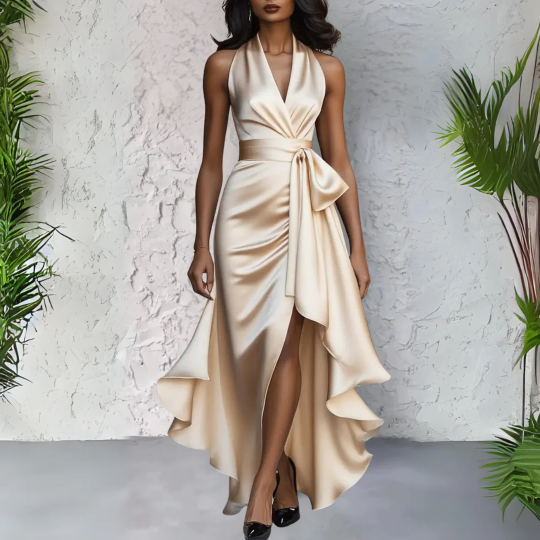 Women's elegant halter neck maxi dress with wrap waist. Perfect for evening or formal occasions.