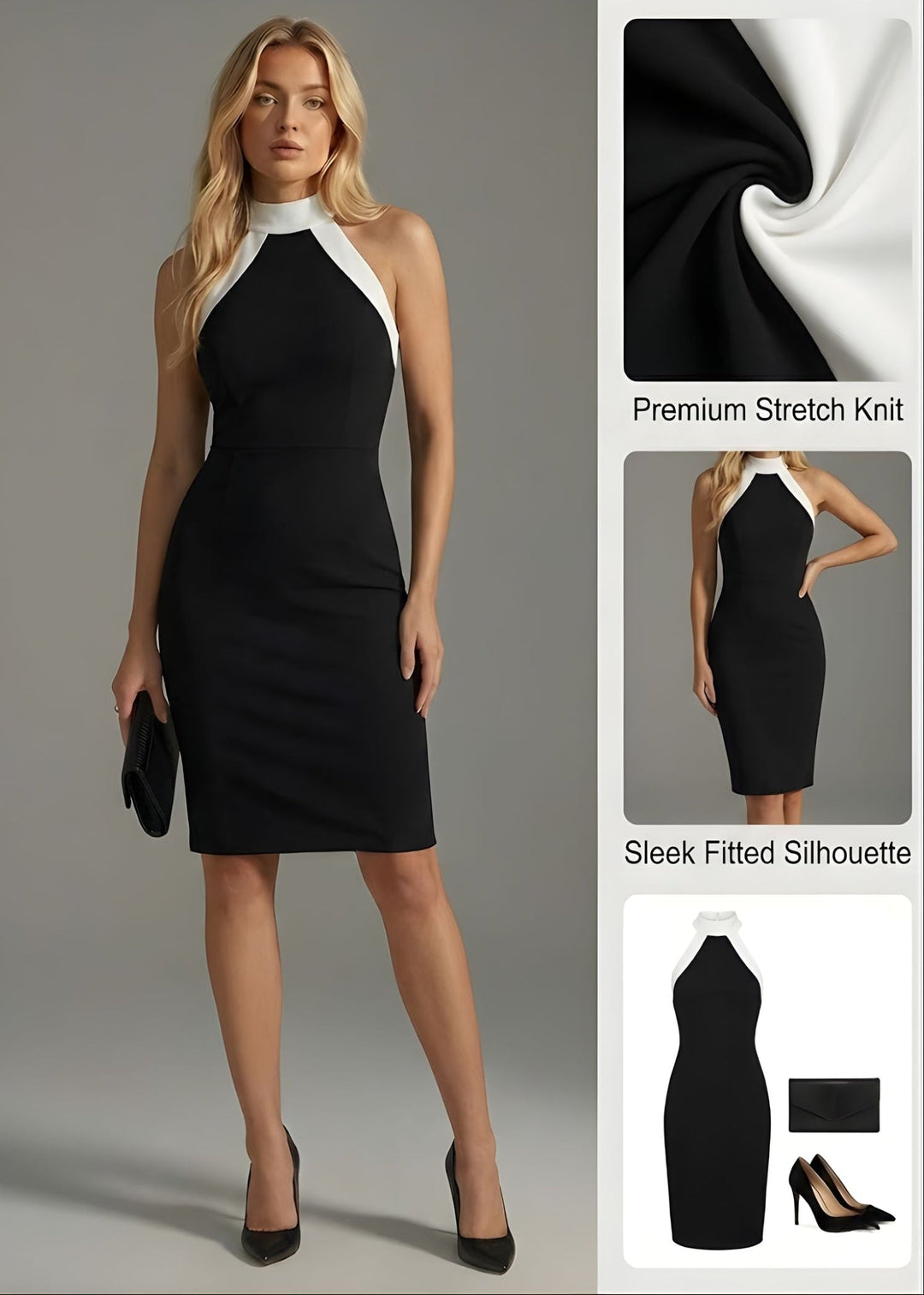 Women's elegant halter neck midi dress with sophisticated contrast trim. Perfect for formal events.