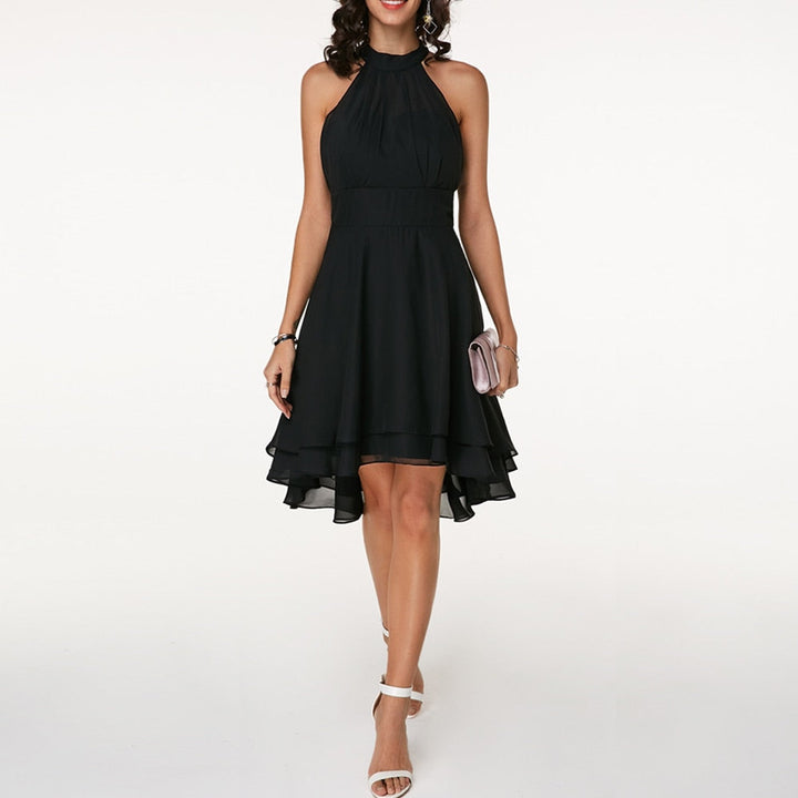 Chic layered hem mini dress for women, featuring a flattering halter neck. Great for elegant evening wear.