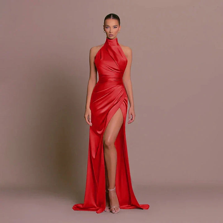 Elegant women's bodycon maxi dress with a halter neckline, ruched design, and a stylish high split.