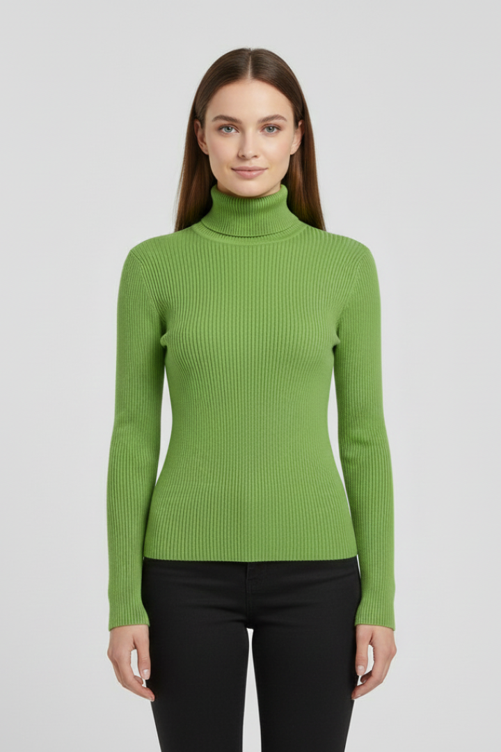 Winter wear women's elegant ribbed top, high neck & long sleeve for a chic sophisticated style.