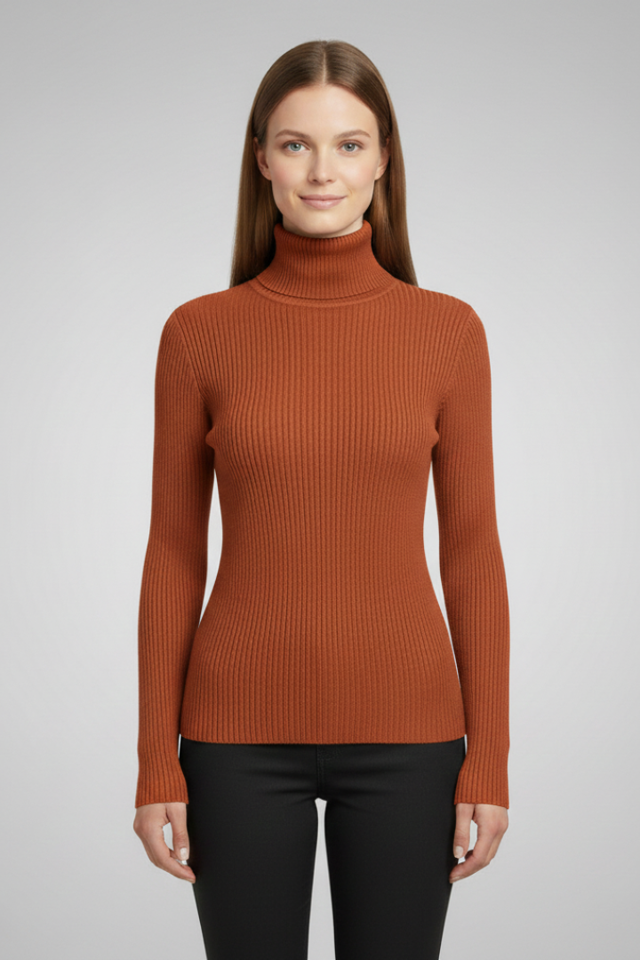 Women's chic high neck ribbed sweater, a versatile long sleeve top for modern style.