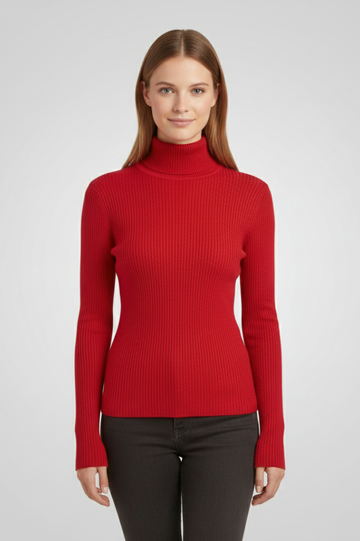 Women's ribbed long sleeve sweater, elegant high neck design, perfect for chic layered looks.