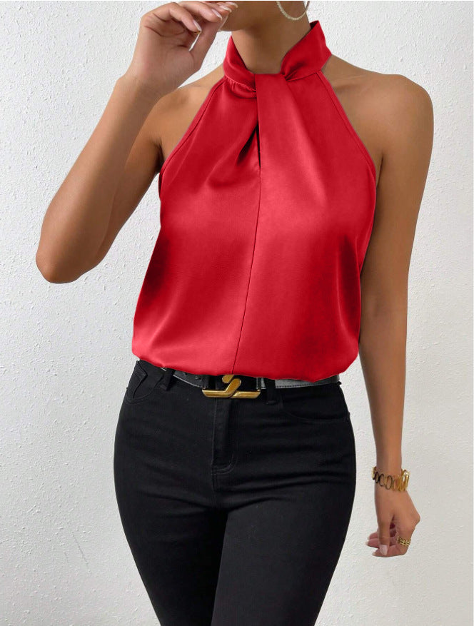 Premium women's blouse, sleeveless, elegant knot neck halter.